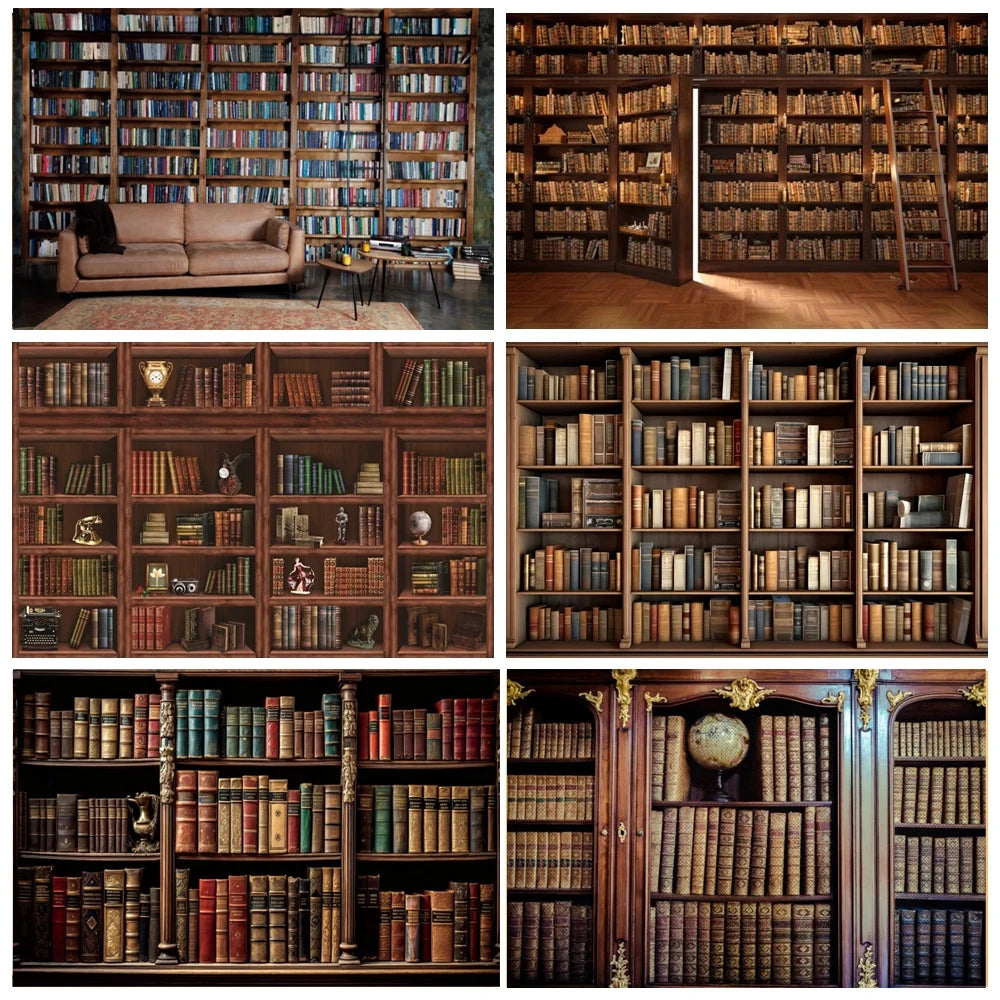Bookshelf Backdrop Back to School Vintage Wooden Library Study Bookcase Kids Portrait Background for Photography Photo Studio